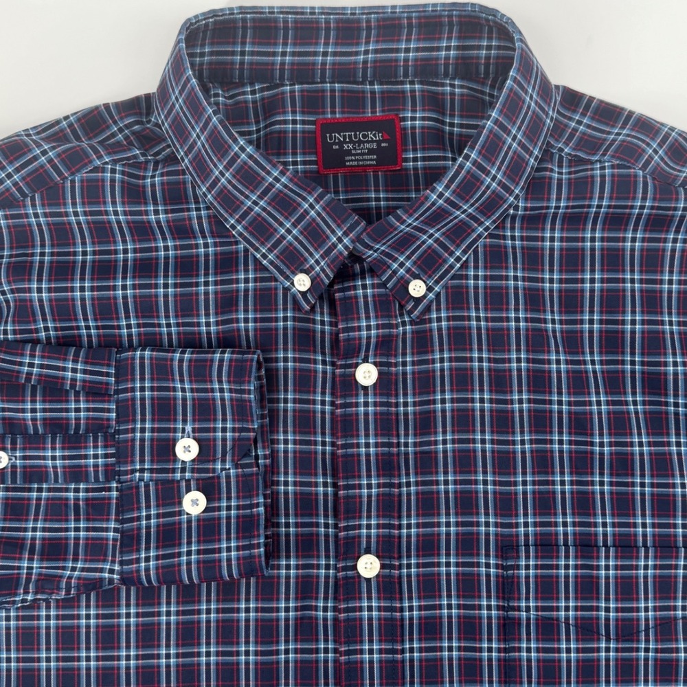 UNTUCKit Mens XXL Slim Fit Plaid Button Down Shirt Navy Blue Red Long Sleeve